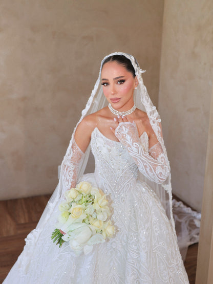 Embroidered Ball Gown Wedding Dress with Sleeves