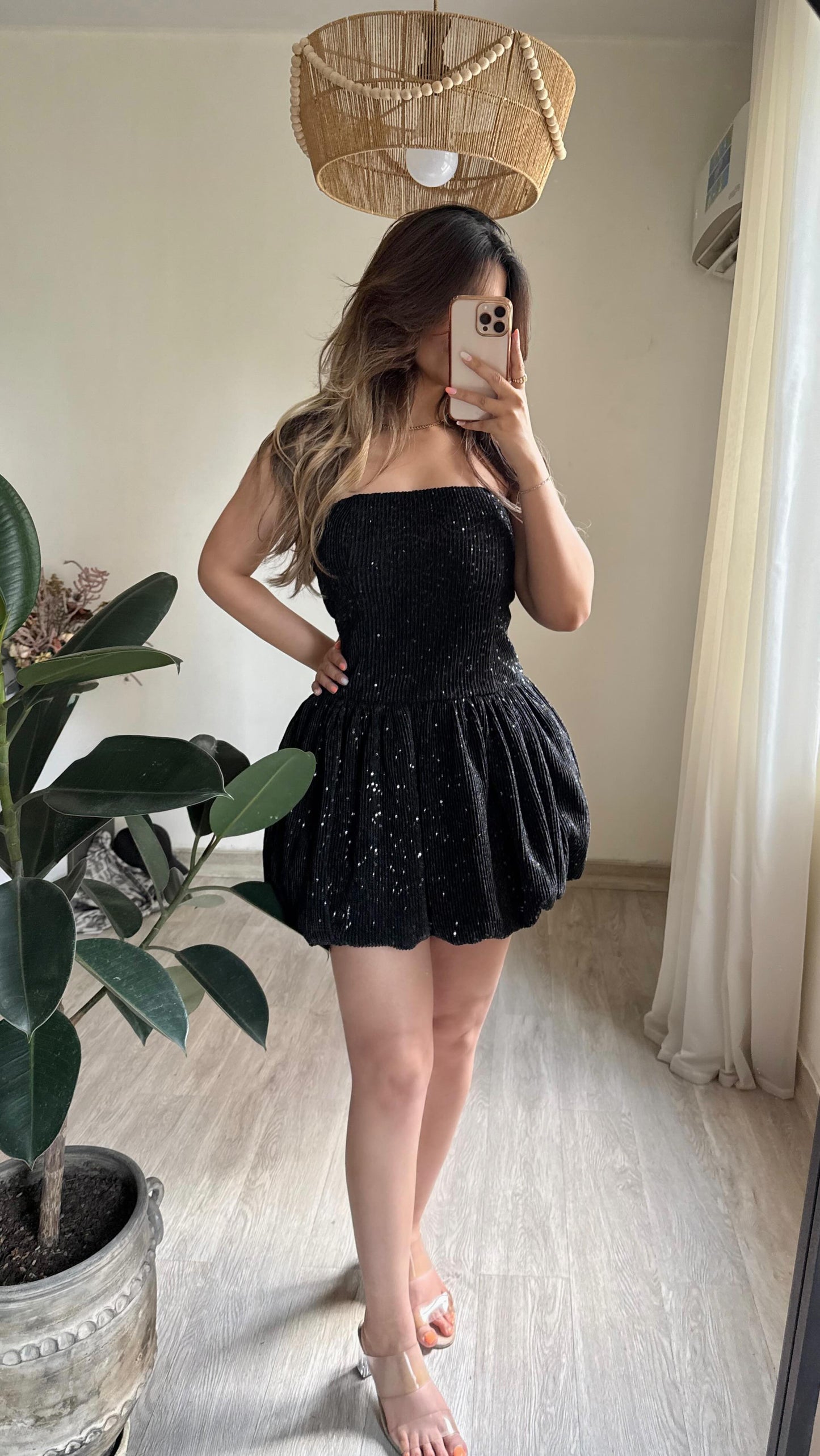 Strapless Sequin Bubble Skirt Mini Dress