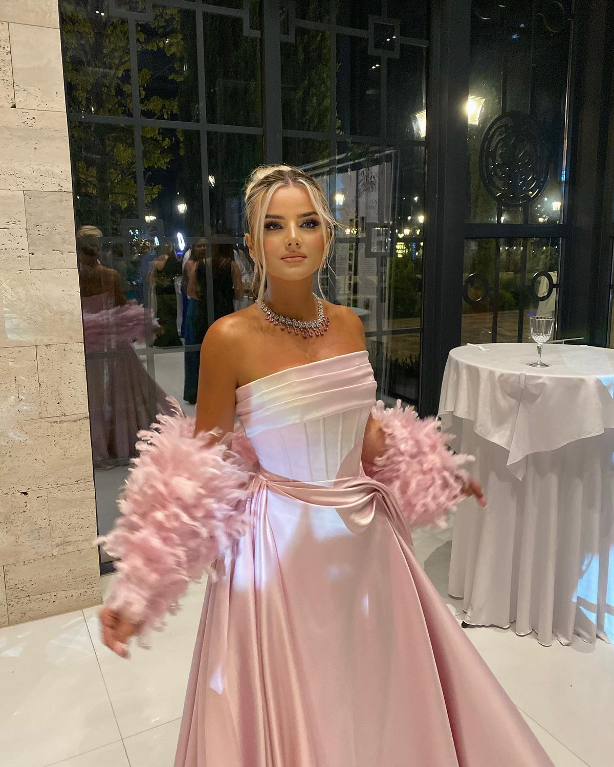 Strapless Corset Satin Gown with Feather Shawl