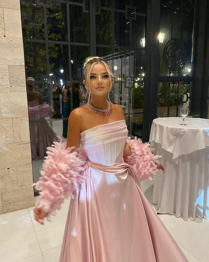 Strapless Corset Satin Gown with Feather Shawl