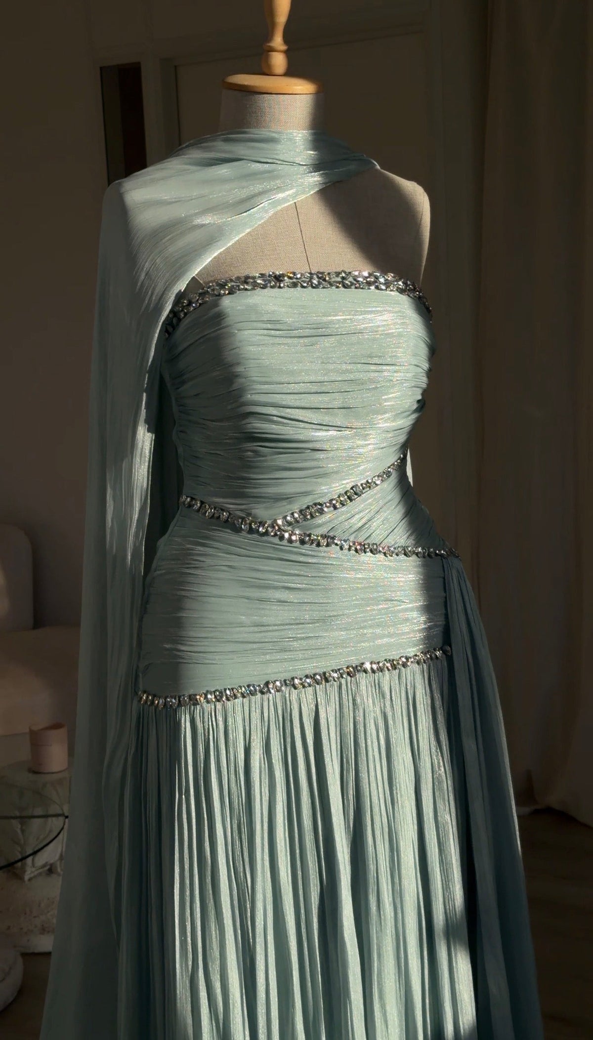 Ruched Column Gown with Draped Cape and Crystal Trim