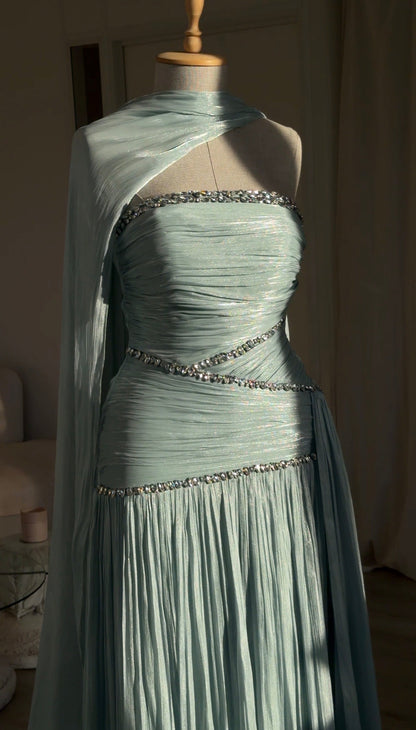 Ruched Column Gown with Draped Cape and Crystal Trim