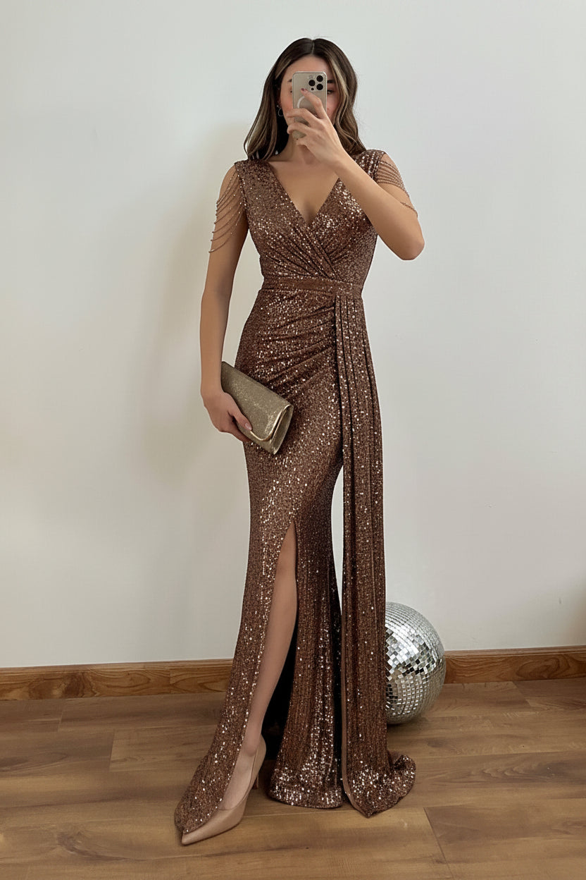 Sequin Wrap V-Neck Mermaid Gown with High Slit