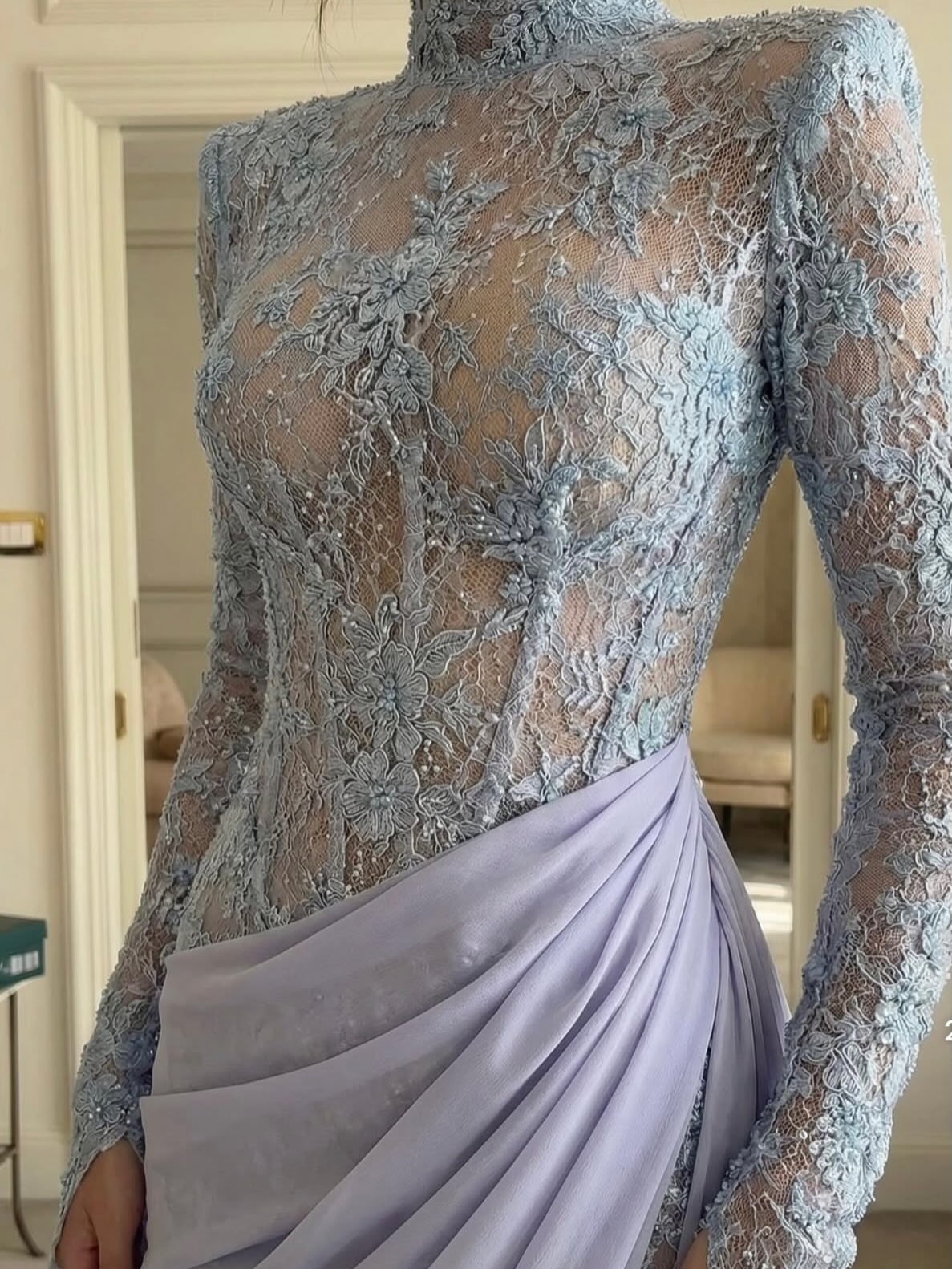 High-Neck Lace Evening Gown with Draped Train