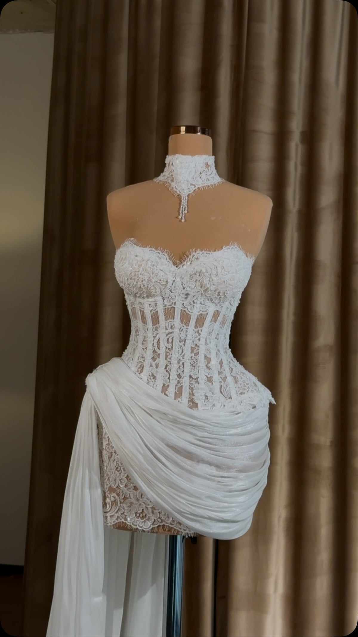 Strapless Lace Corset Mini Dress with Draped Sash