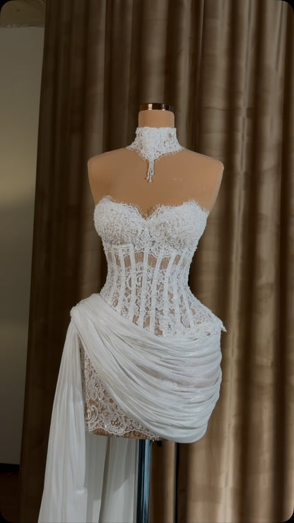 Strapless Lace Corset Mini Dress with Draped Sash