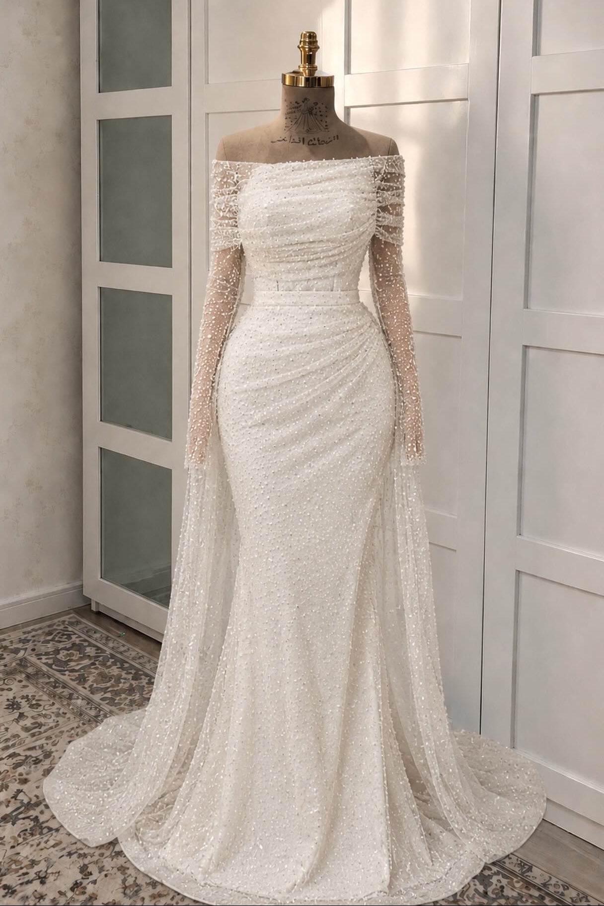 Off-the-Shoulder Pearl Mermaid Wedding Dress