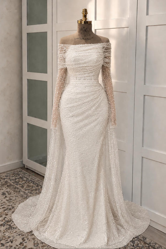 Off-the-Shoulder Pearl Mermaid Wedding Dress