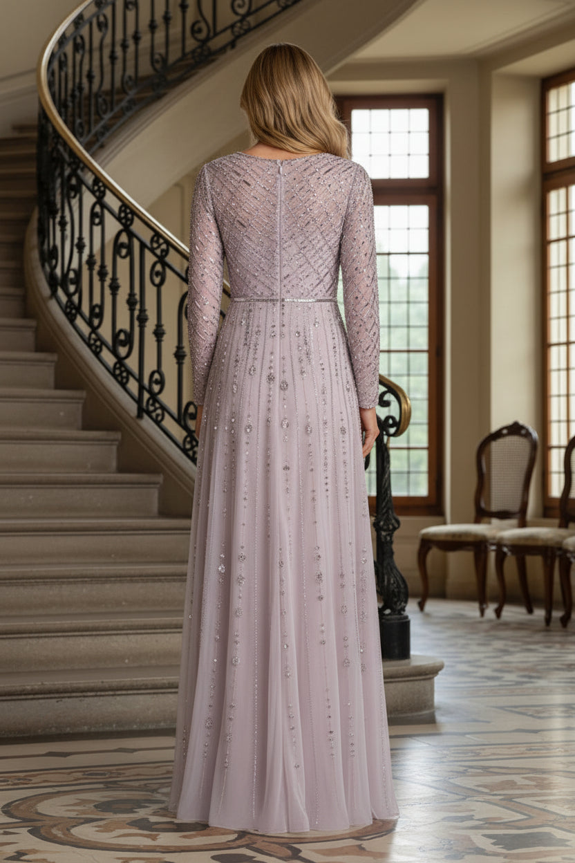 Beaded Long Sleeve A-Line Evening Gown