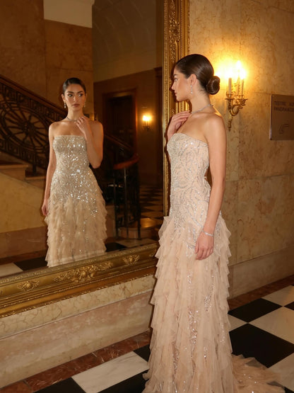 Strapless Tiered Ruffle Mermaid Evening Gown