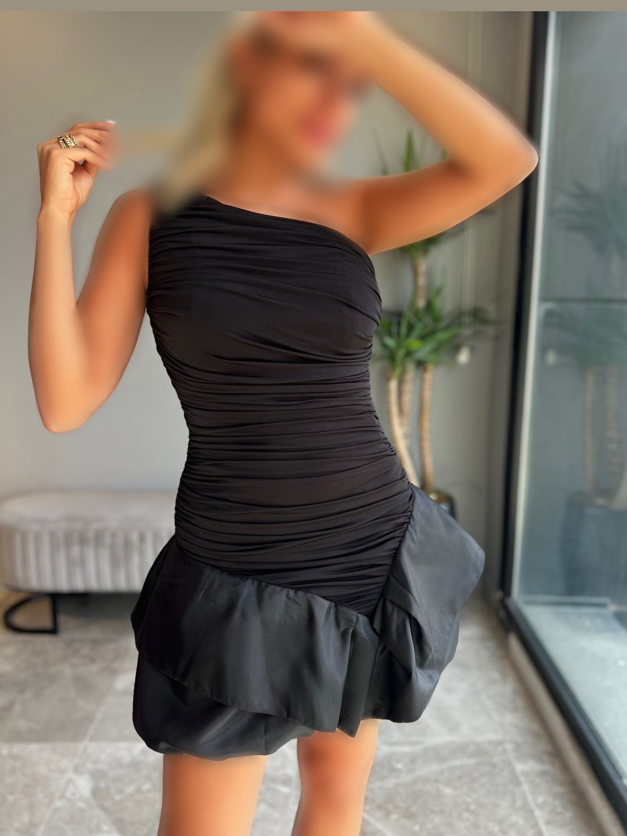 One-Shoulder Ruched Bubble Hem Mini Dress