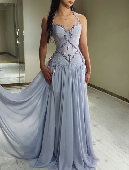 Pearl-Beaded Halter Pleated Corset Maxi Gown