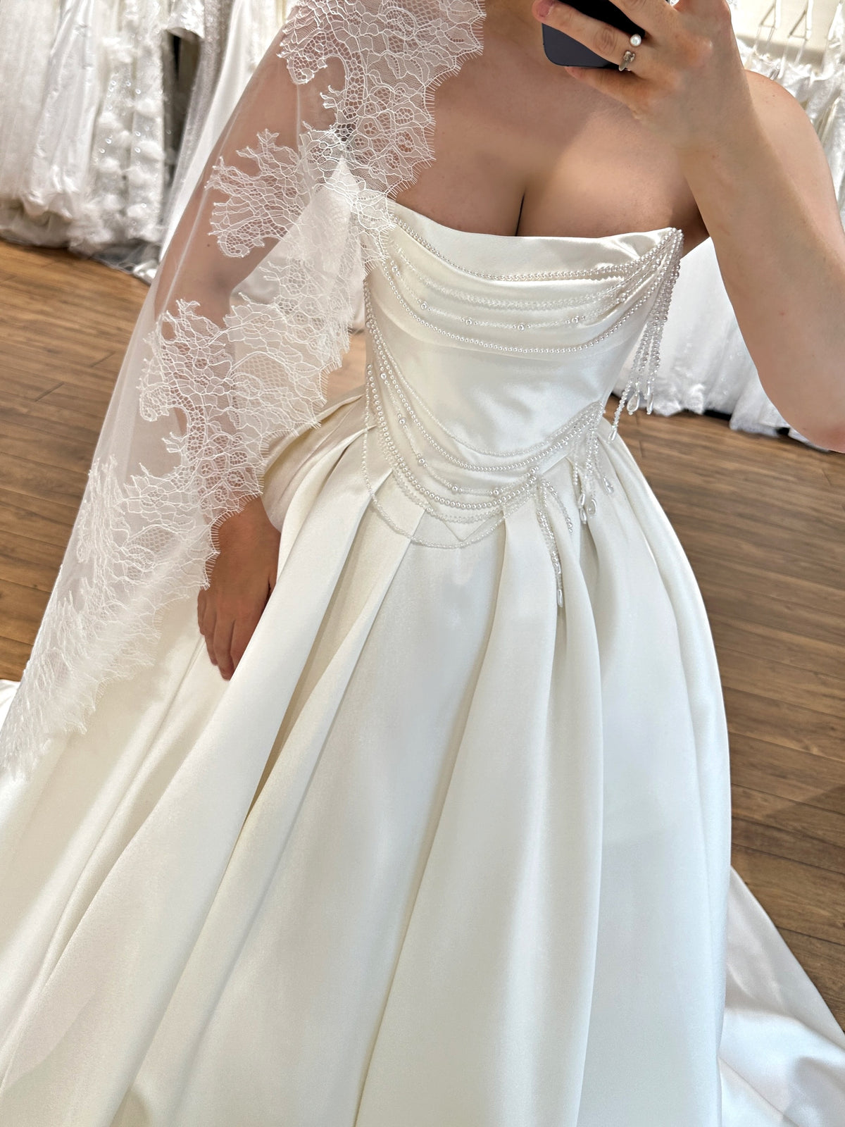 Strapless Pearl-Beaded Satin Ball Gown Wedding Dress