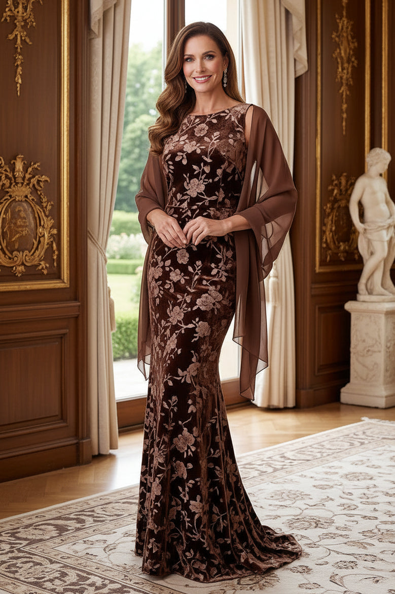 Floral Velvet Trumpet Evening Dress with Shawl