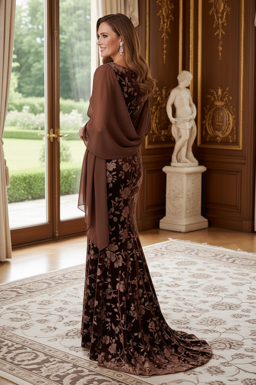 Floral Velvet Trumpet Evening Dress with Shawl