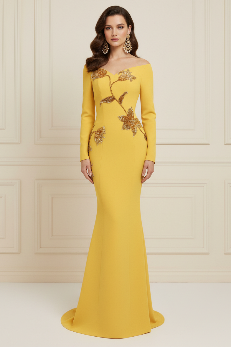 Long Sleeve Illusion Beaded Mermaid Evening Gown