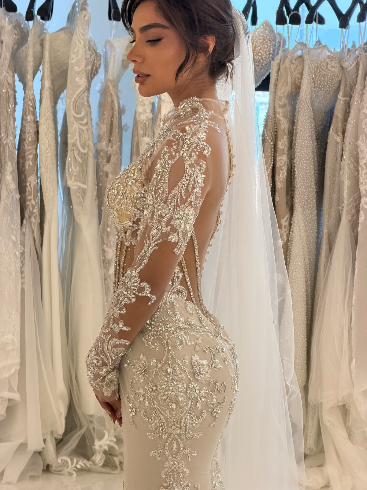 Beaded Corset Long Sleeve Illusion Wedding Dress