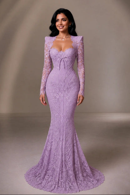 Long Sleeve Lace Mermaid Evening Gown with Train