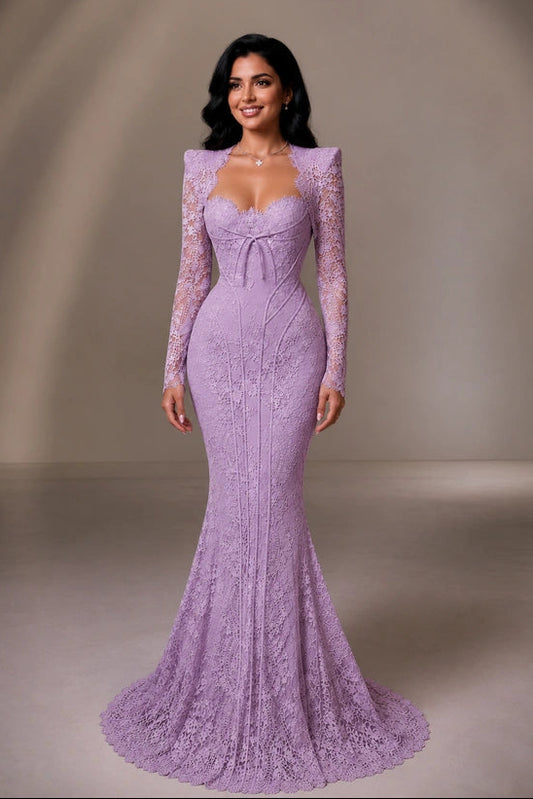 Long Sleeve Lace Mermaid Evening Gown with Train