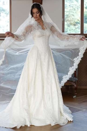 Elegant High-Neck Lace A-Line Wedding Dress