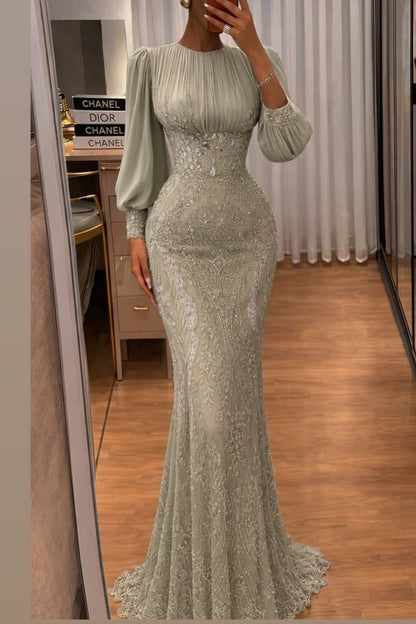 Beaded Sequin Mermaid Evening Gown with Long Sleeves