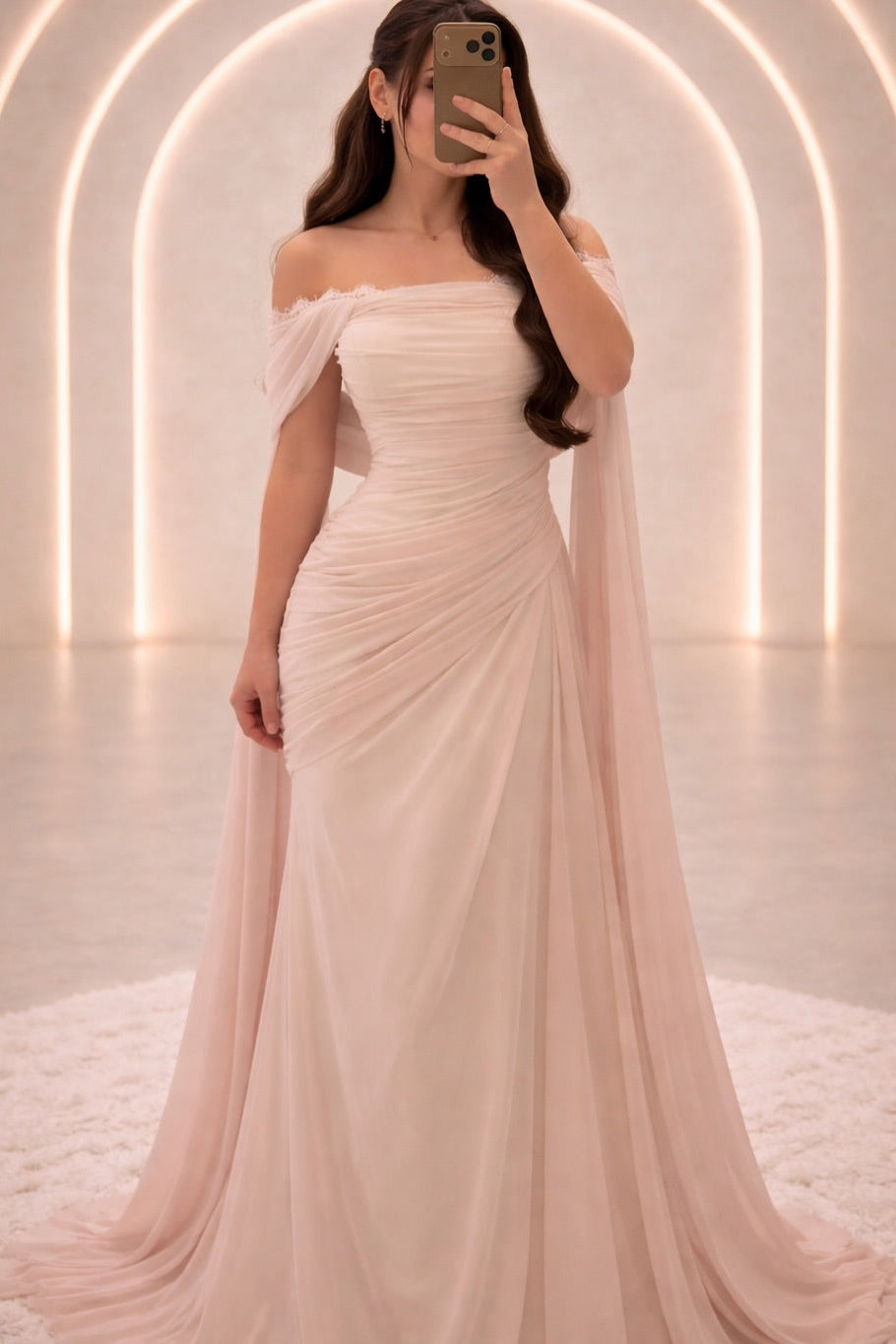 Off-Shoulder Ruched Cape Gown