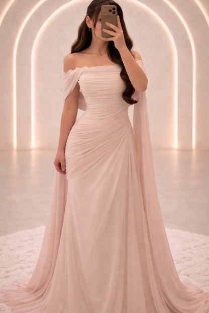 Off-Shoulder Ruched Cape Gown