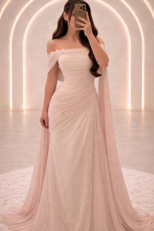 Off-Shoulder Ruched Cape Gown