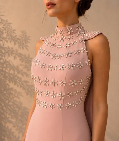 High Neck Column Dress with Floral Cape Back