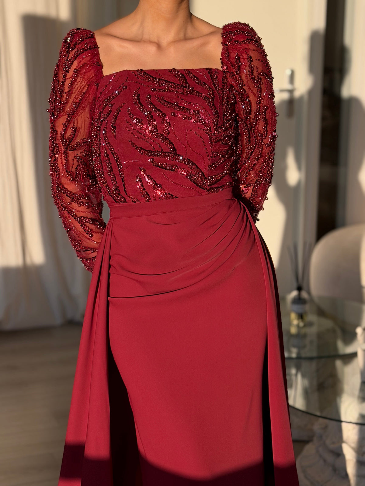 Beaded Square Neck Long Sleeve Gown with Draped Skirt