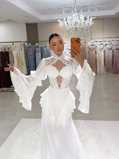Corset Lace Wedding Dress with Bell Sleeves