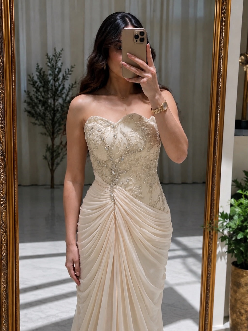 Strapless Embellished Gown with Draped Cape
