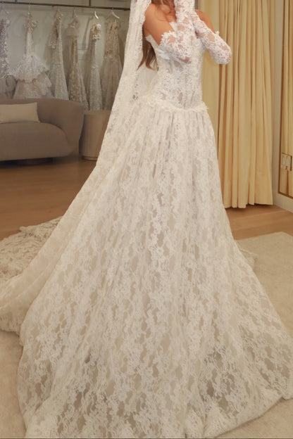 Lace Strapless Drop-Waist Ball Gown Wedding Dress
