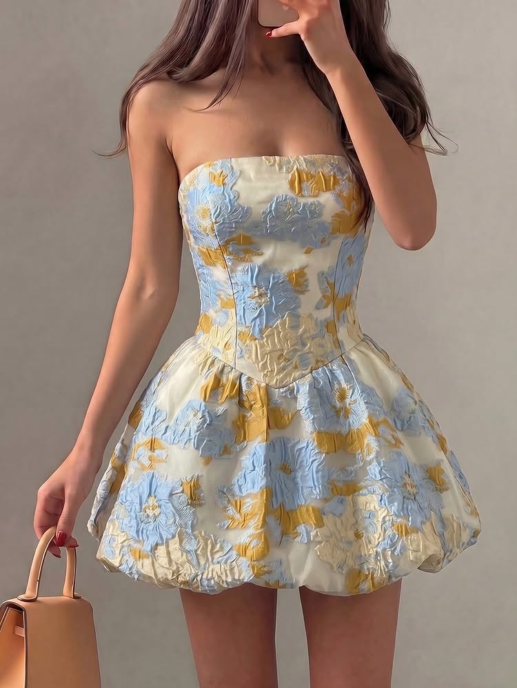 Strapless Floral Jacquard Bubble Skirt Mini Dress