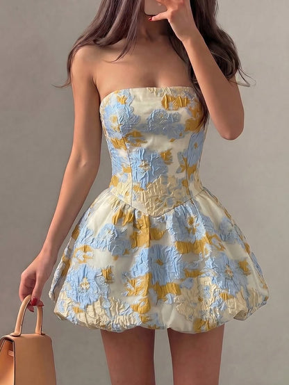 Strapless Floral Jacquard Bubble Skirt Mini Dress