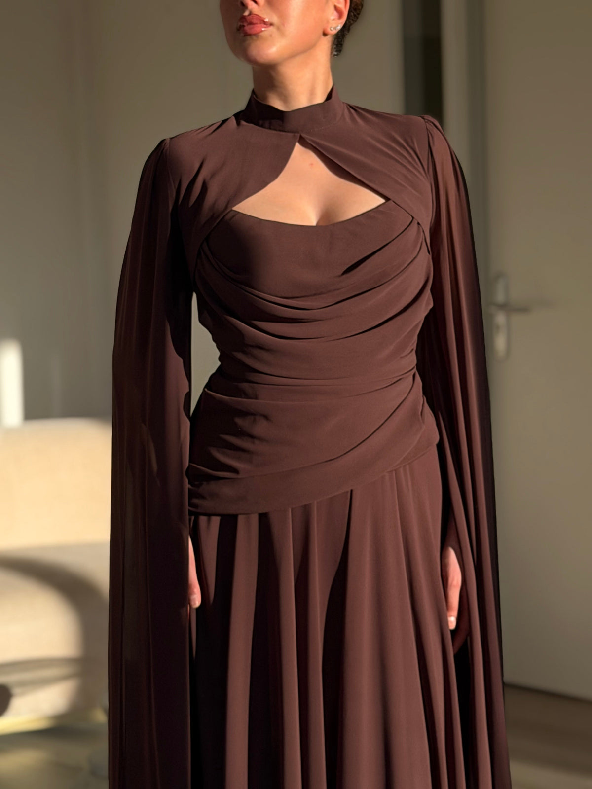 High Neck Cutout Cape Sleeve Evening Gown