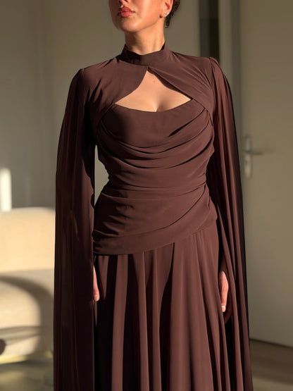 High Neck Cutout Cape Sleeve Evening Gown
