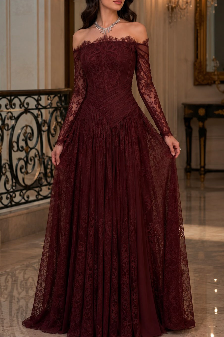 Off-the-Shoulder Long Sleeve Lace Evening Gown