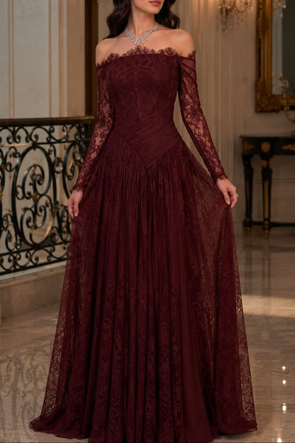 Off-the-Shoulder Long Sleeve Lace Evening Gown