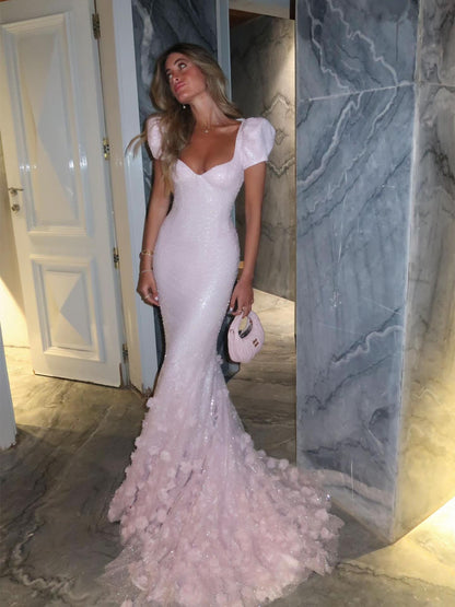 Sparkling Mermaid Gown with 3D Florals & Train