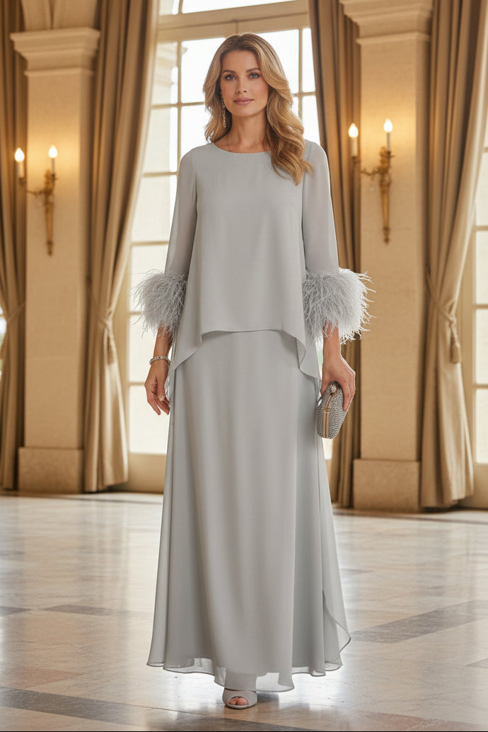 Feather-Cuff Long Sleeve Gown with Flowing Chiffon Skirt