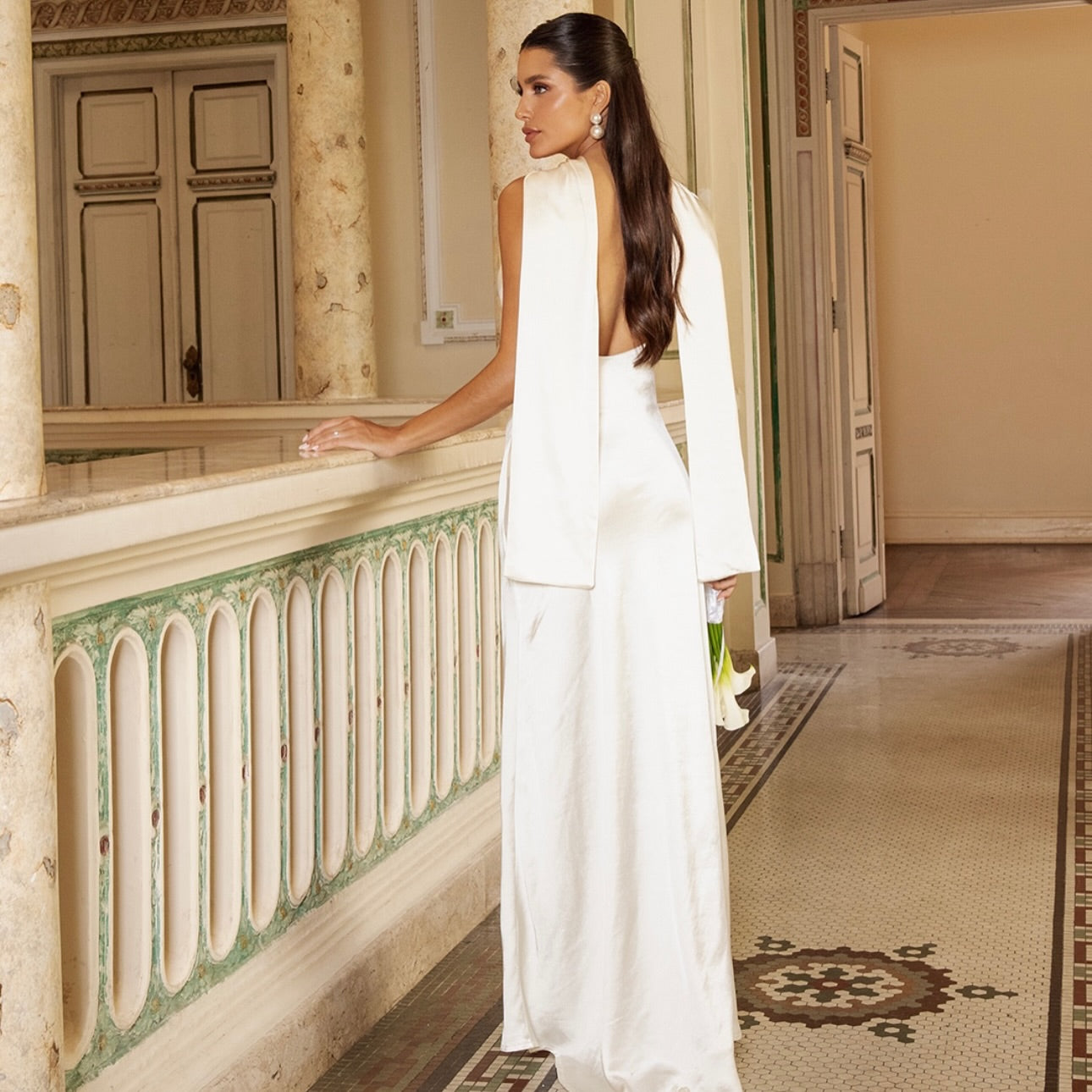 Cowl Neck Satin Slip Wedding Dress with Cape
