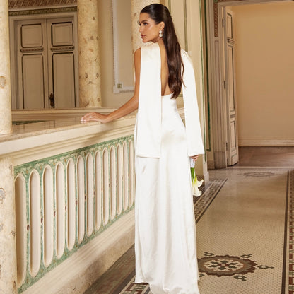 Cowl Neck Satin Slip Wedding Dress with Cape