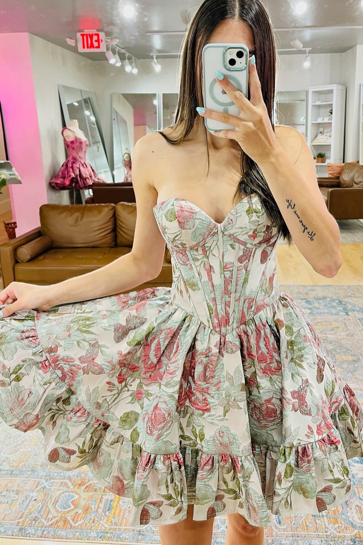 Floral Jacquard Strapless Corset Mini Dress