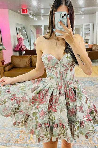 Floral Jacquard Strapless Corset Mini Dress
