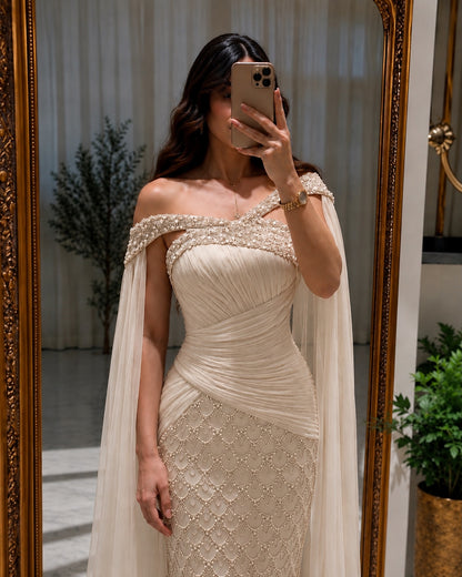 Ruched Beaded Mermaid Gown with Cape Sleeves