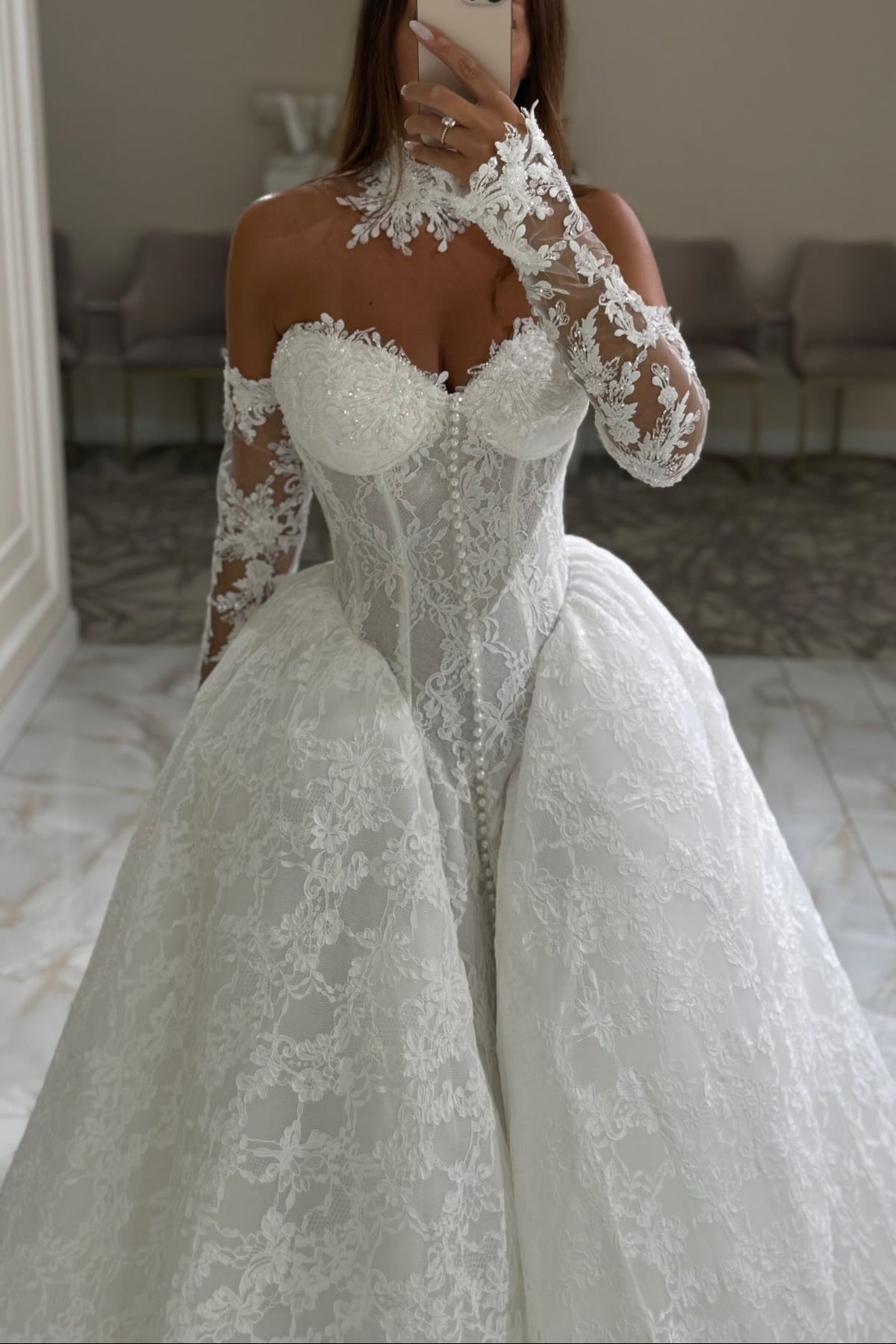 Lace Corset Ball Gown Wedding Dress with Long Sleeves