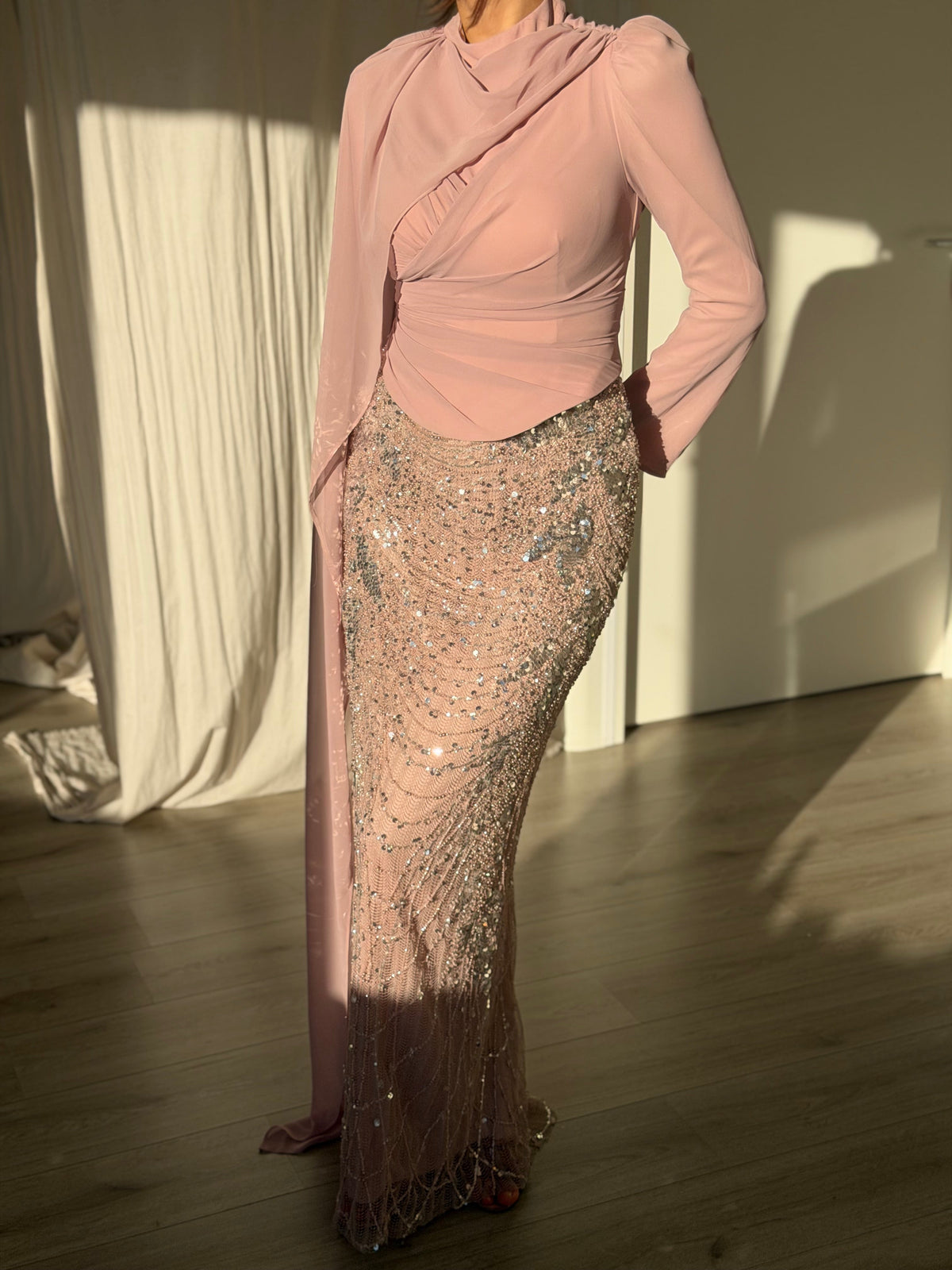 Draped High Neck Gown with Sequin Column Skirt