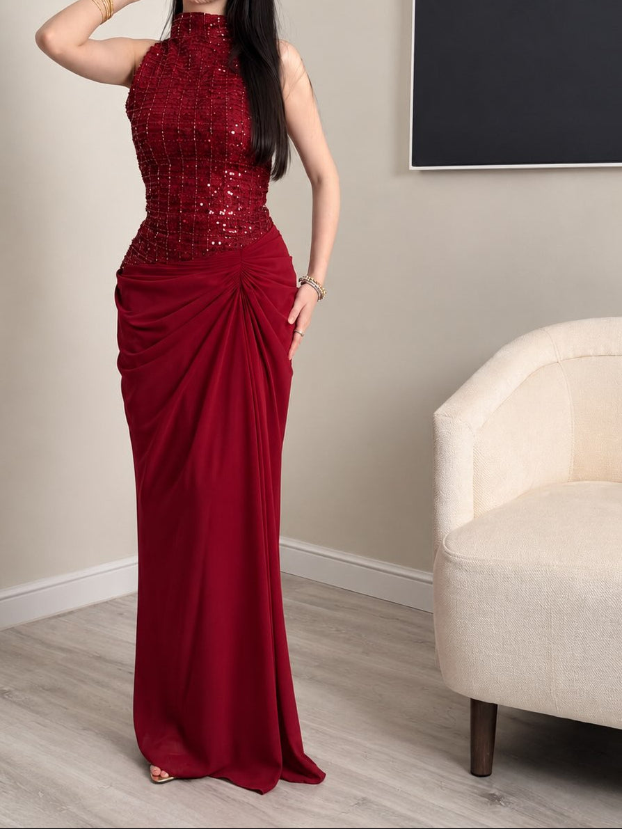 High Neck Beaded Sequin Bodice Draped Evening Gown