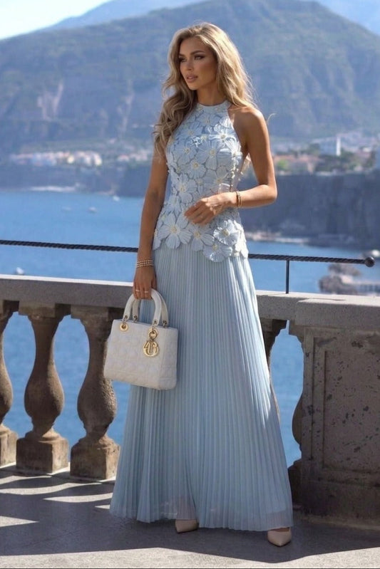 Floral Applique Pleated Halter Gown